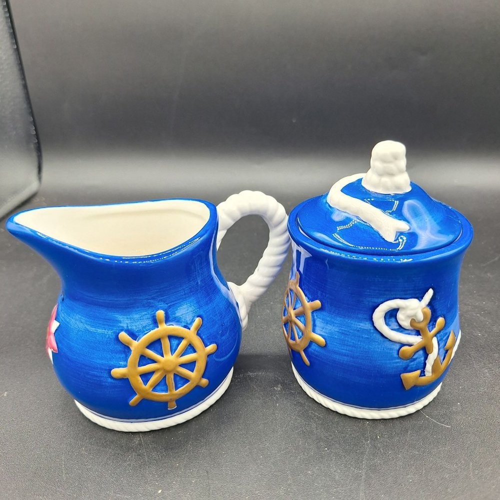 GEO Z LEFTON BY THE SEA NAUTICAL CREAMER PITCHER AND SUGAR BOWL VINTAGE 1998